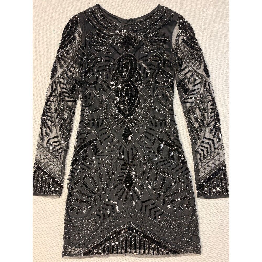 Verte Black Beaded Long Sleeve Dress soirée fancy wedding guest funeral